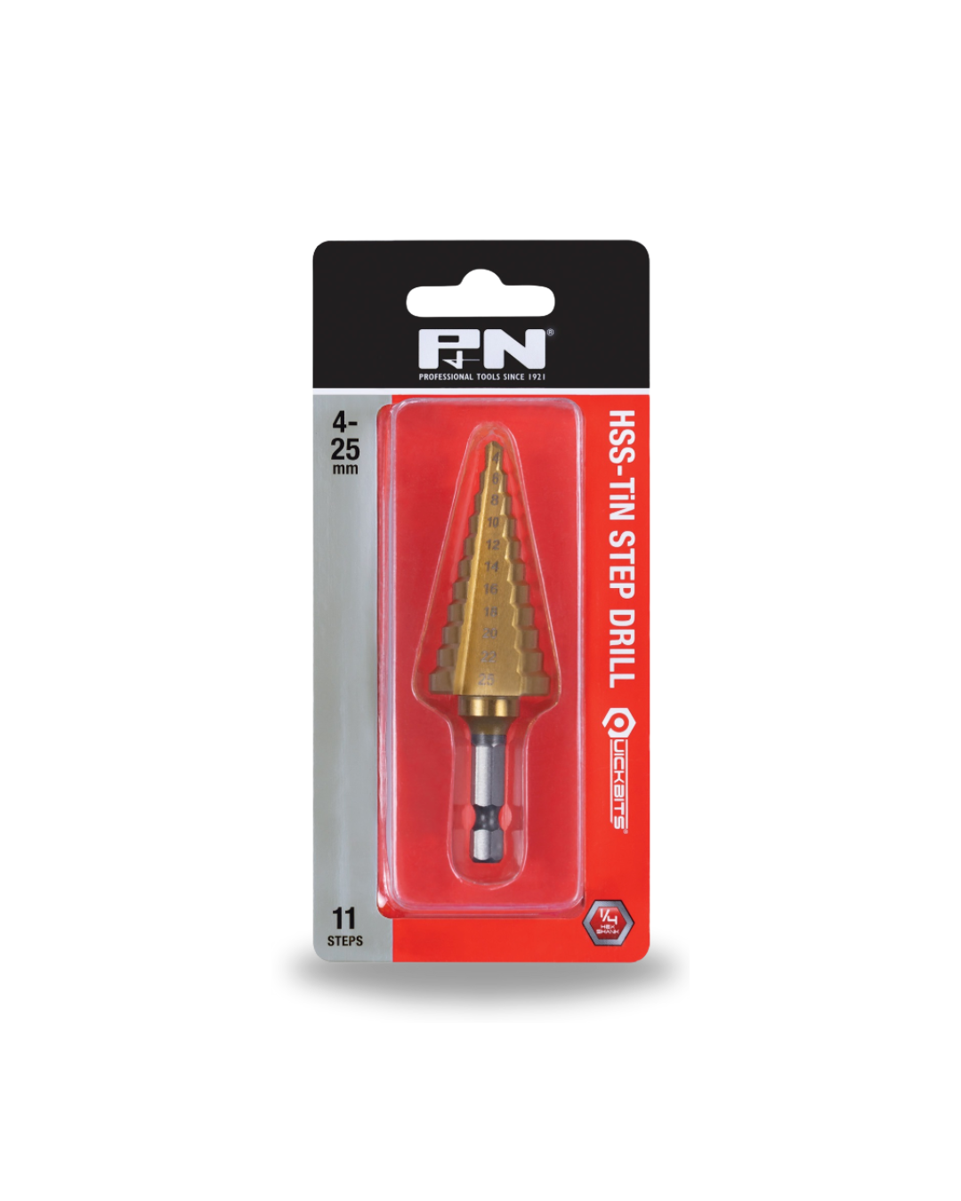 P&N Drill Step HSS-TIN HEX-SHK Quickbit Carded 4-25MM 11-Step