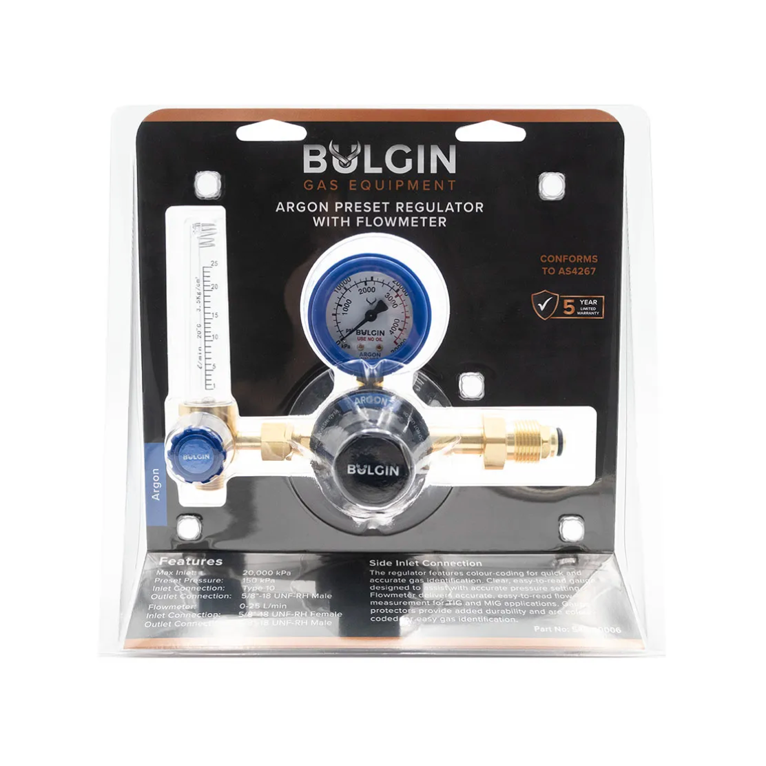 Argon Regulator with Flowmeter 0-25lpm Side Entry Type 10 AS 4267