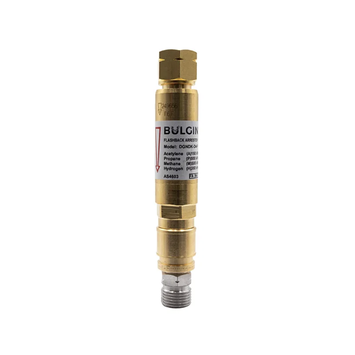 Bulgin® Flashback Arrestor Fuel Gas Standard Flow ( DGNDK-D4-F) Q/A Coupler Reg End - 5/8"-18 UNF LH