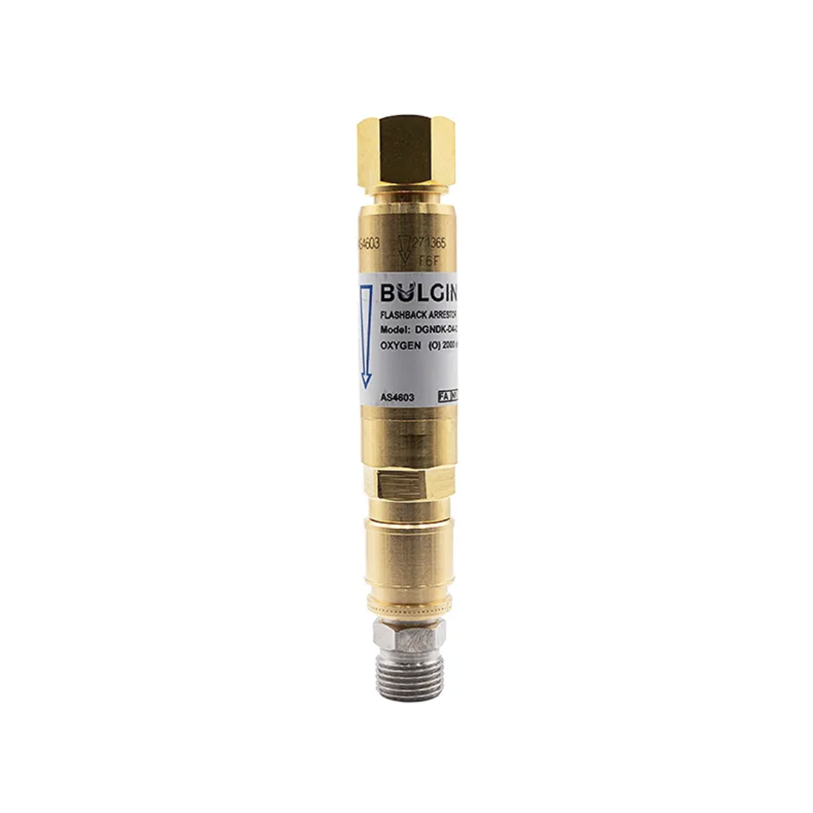 Bulgin® Flashback Arrestor Oxygen Standard Flow ( DGNDK-D4-O) Q/A Coupler Reg End - 5/8"-18 UNF RH