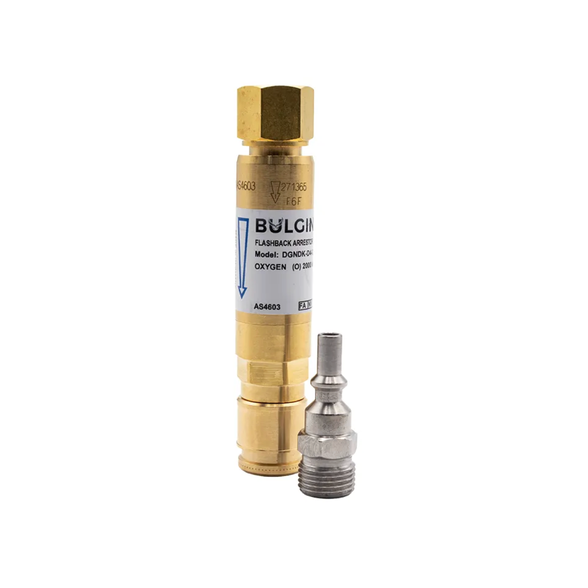 Bulgin® Flashback Arrestor Oxygen Standard Flow ( DGNDK-D4-O) Q/A Coupler Reg End - 5/8"-18 UNF RH